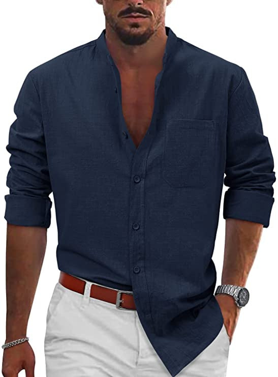 Men's casual linen shirt with classic V-neck and chest pocket Lisslune