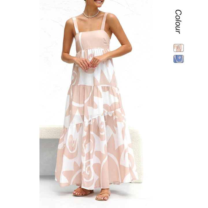 Ladies maxi dress with modern graphic pattern and airy ruffles