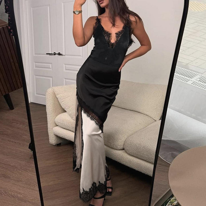 Women's elegant maxi dress with lace appliqués and deep V-neck