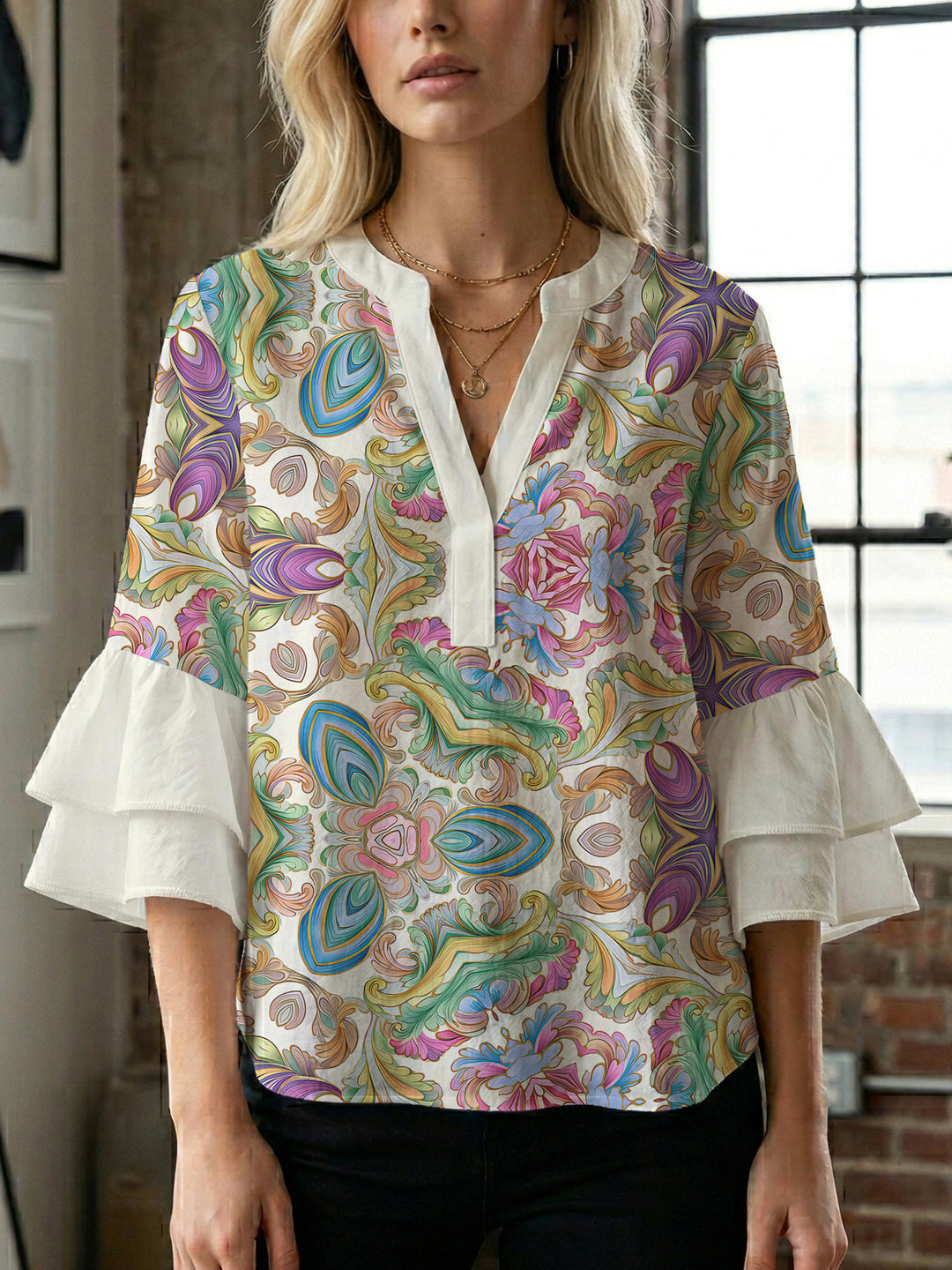 Women's flower creation with voluminous ruffled sleeves Lisslune