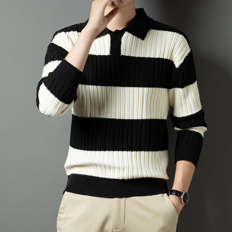 Men's Pullover with Textured Striped Pattern and Fashionable Collar Lisslune