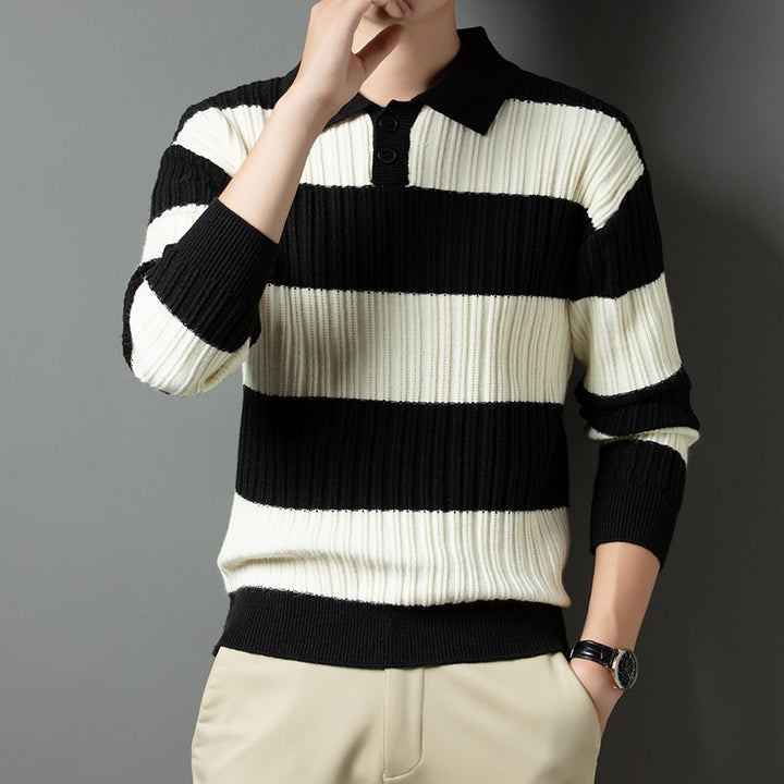 Men's Pullover with Textured Striped Pattern and Fashionable Collar Lisslune