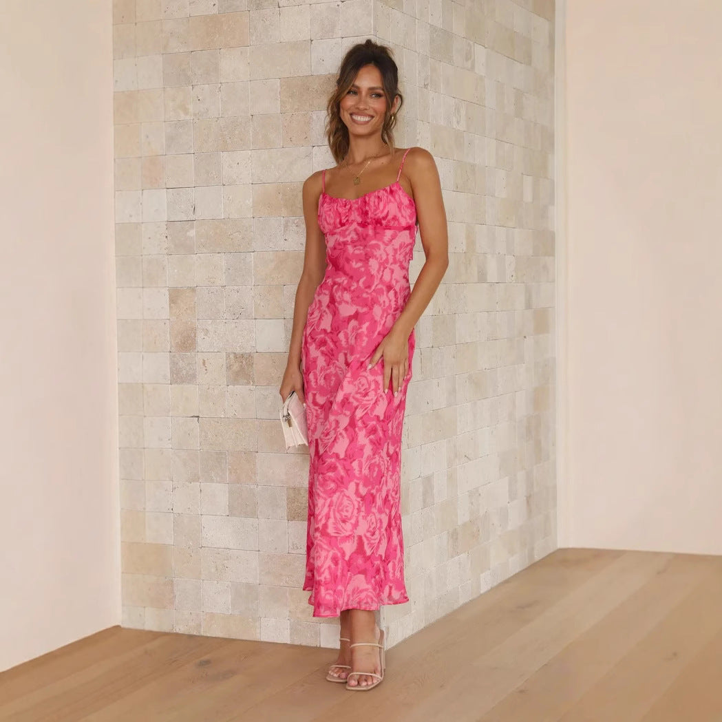 Women's maxi dress with floral watercolor design and adjustable straps