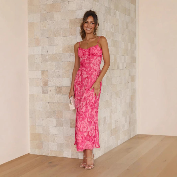Women's maxi dress with floral watercolor design and adjustable straps
