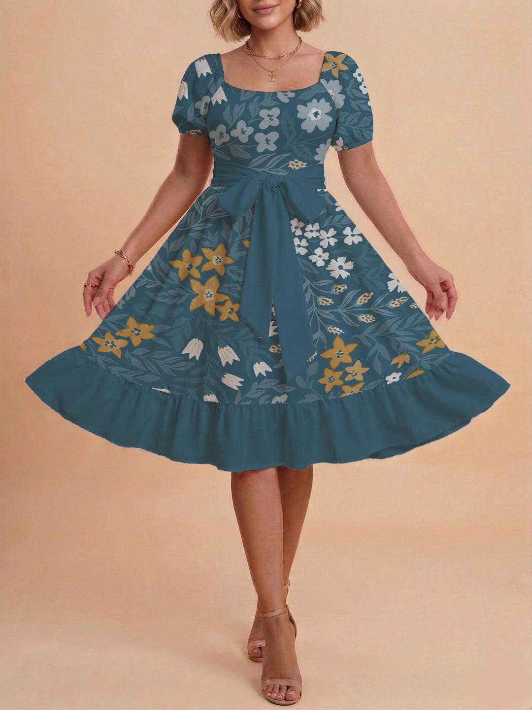 Women's floral dress with adjustable belt and voluminous sleeves Lisslune