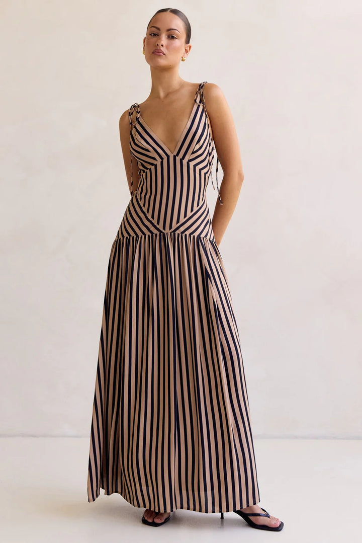 Women's maxi dress with deep V-neckline and elegant striped design