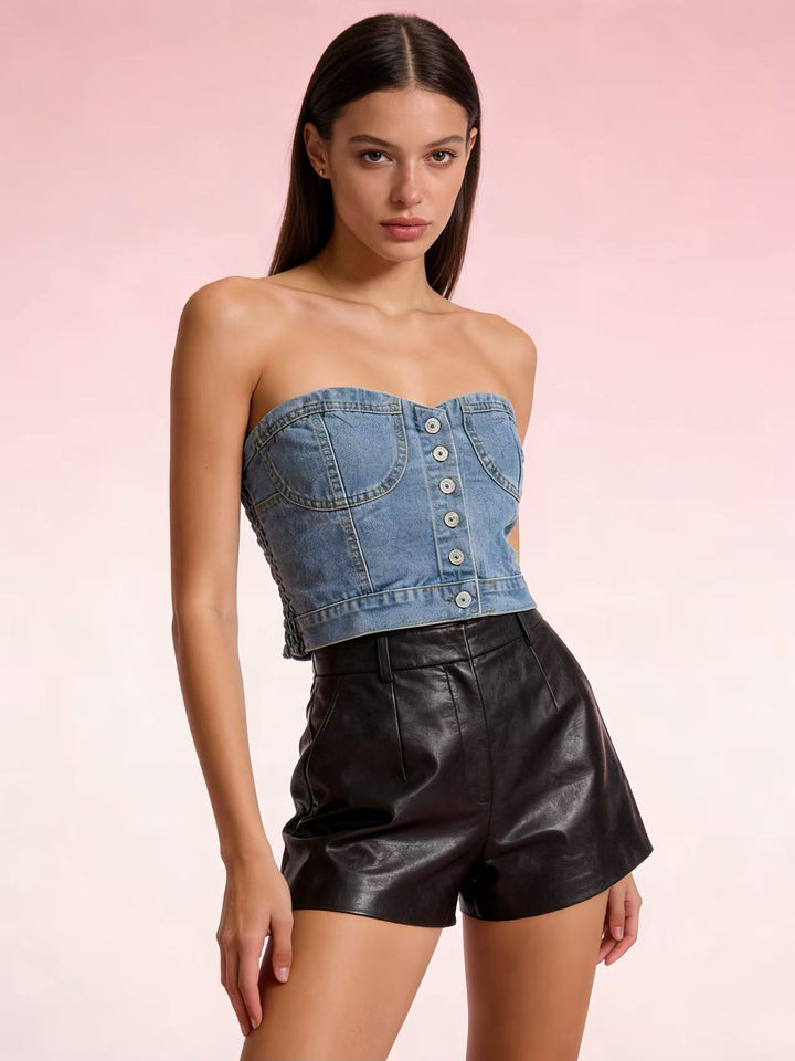 Women Denim Bustier Top with Button Details and Tailored Cut Lisslune
