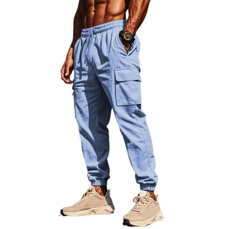Men's cargo pants made of breathable linen blend with elastic waistband and practical side pockets Lisslune