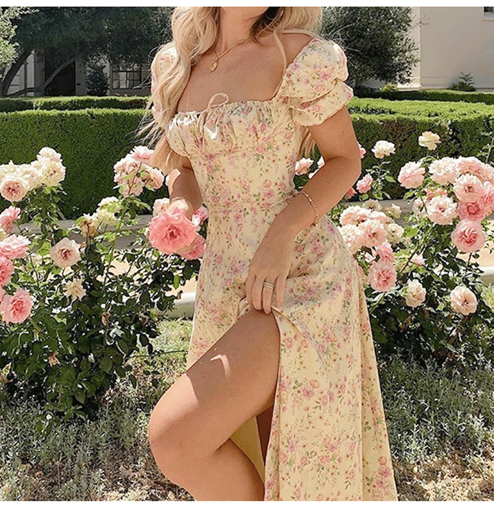Women’s romantic maxi dress with elastic puff sleeves and delicate floral print Lisslune