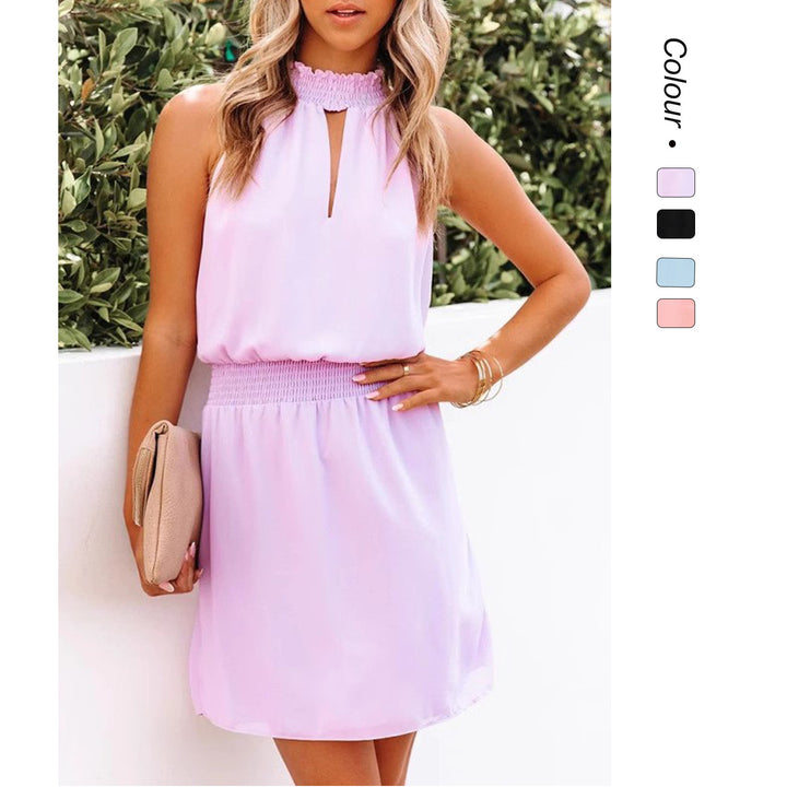Women's short sleeve dress with elegant stand-up collar and trendy cut-outs