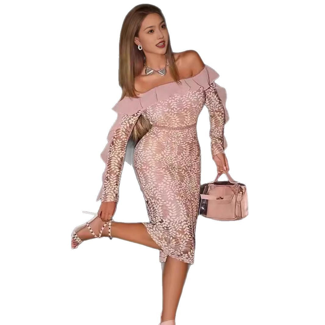 Ladies Off-Shoulder Lace Dress with Ruffle Details and Figure-Hugging Cut Lisslune