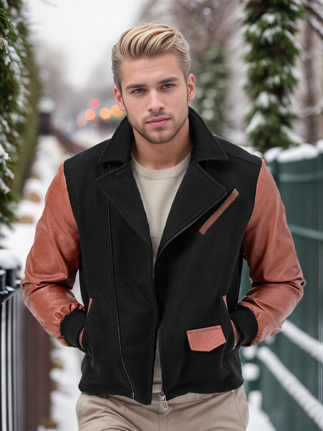 Men's fashionable fleece combination jacket with leather accents Lisslune