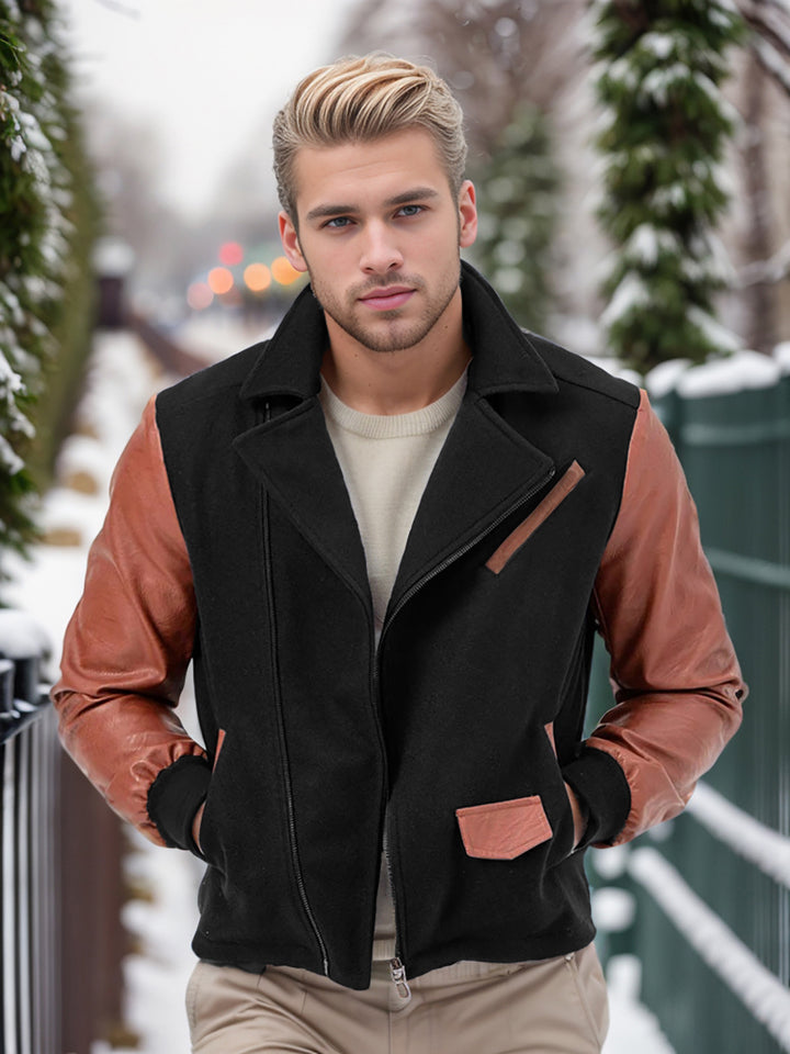 Men's fashionable fleece combination jacket with leather accents Lisslune