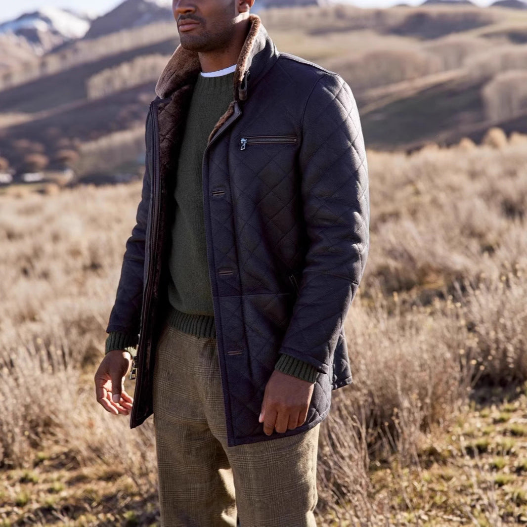 Men's quilted lamb leather coat with plush collar Lisslune