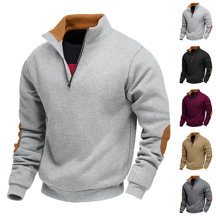 Men's Sporty Stand Collar Sweater with Zipper and Leather Accents Lisslune