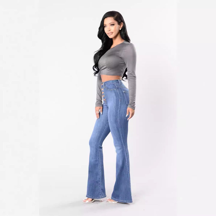 Women High-Waist Flared Jeans with decorative button details and elastic waistband Lisslune