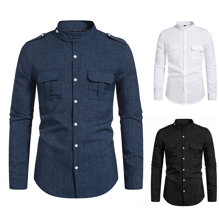 Men's long-sleeved shirt with two practical chest pockets and modern stand-up collar Lisslune