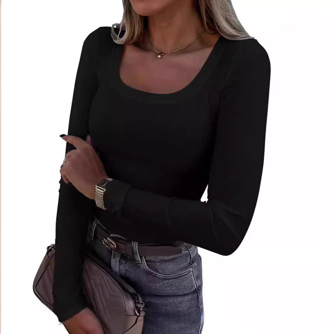Women’s Long Sleeve Ribbed T-Shirt with Elegant Boat Neck Lisslune