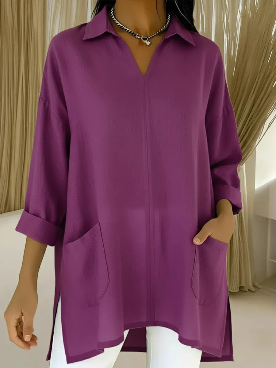 Women’s long sleeve blouse with elegant V-neck and practical pockets Lisslune