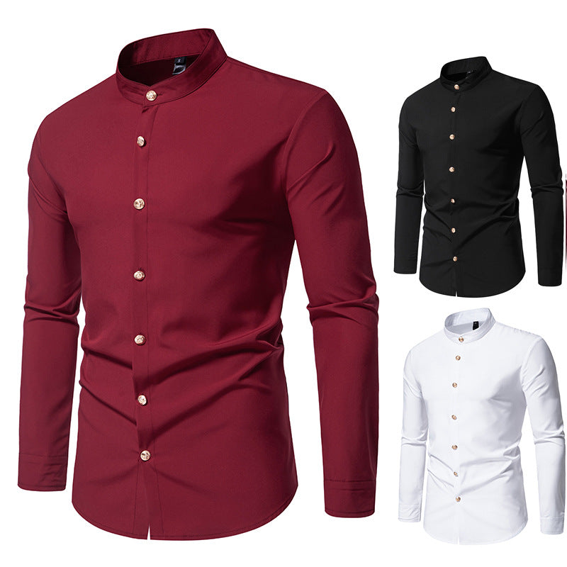 Men's long-sleeved shirt with modern standing collar and elegant button details Lisslune