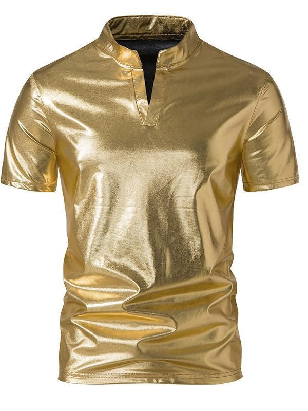 Men's shiny short-sleeve shirt in modern stand-up collar design Lisslune