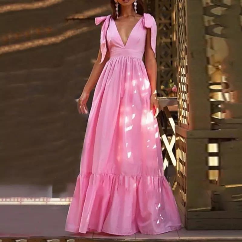 Women's maxi dress with festive ruffle details and deep V-neck Lisslune