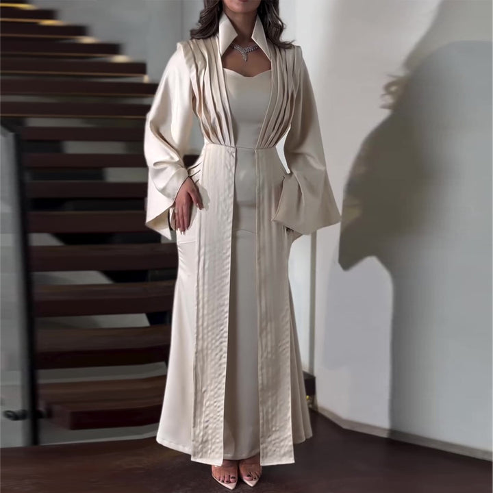 Ladies elegant maxi dress with chic waist cut and luxurious satin trim
