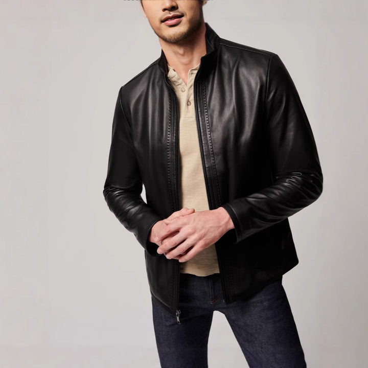 Men's elegant leather jacket with high collar and subtle details Lisslune