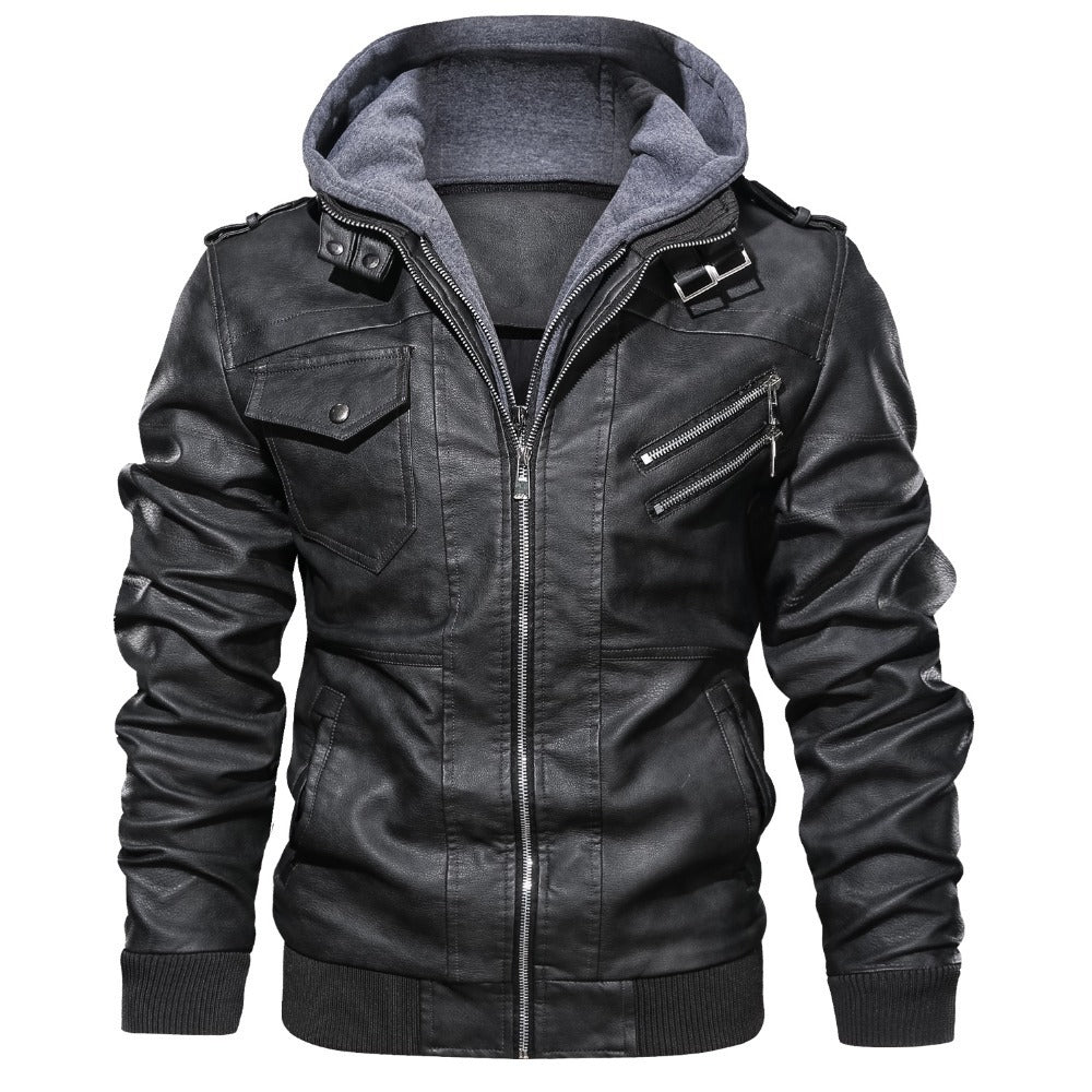 Men's Cool Leather Jacket with Integrated Hood and Versatile Pockets Lisslune