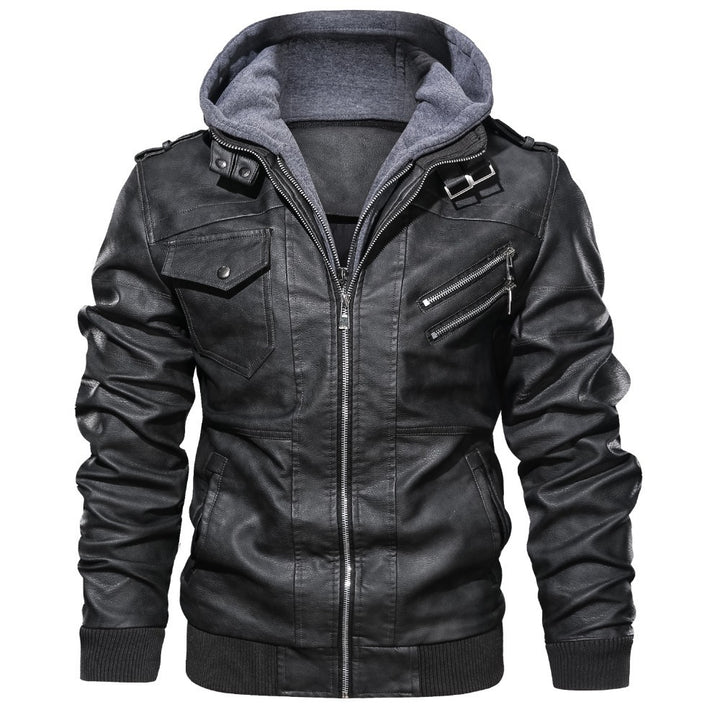 Men's Cool Leather Jacket with Integrated Hood and Versatile Pockets Lisslune