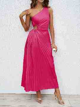 Women's Long Wrap Dress with Asymmetric Neckline and Pleated Design