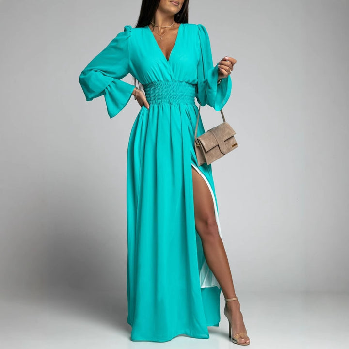 Women's maxi dress with deep V-neckline and voluminous sleeves Lune London