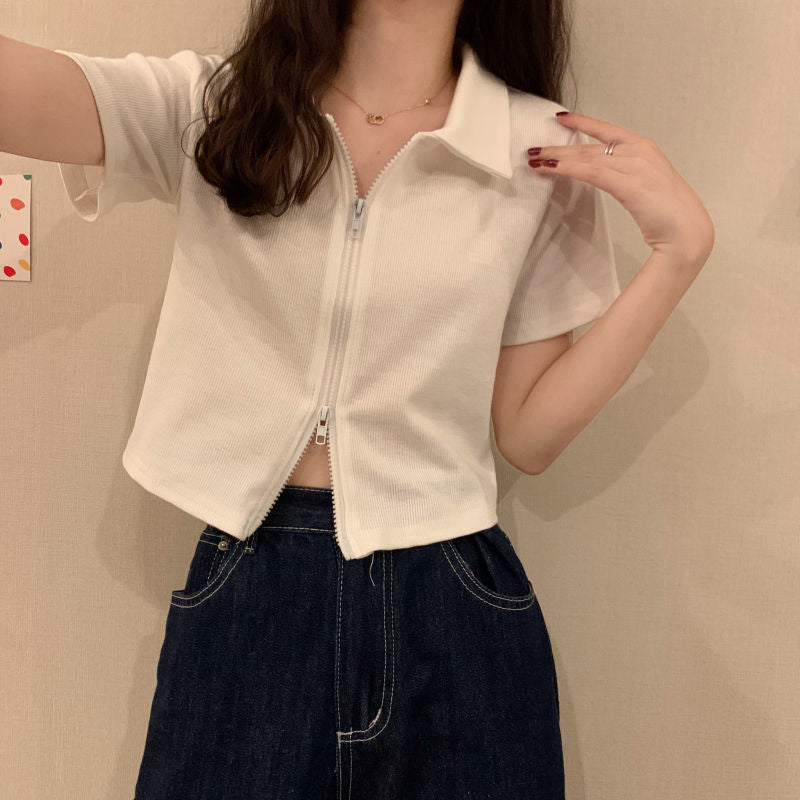 Women Cropped Polo Shirt with Zipper and Textured Finish Lisslune