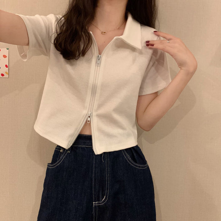 Women Cropped Polo Shirt with Zipper and Textured Finish Lisslune