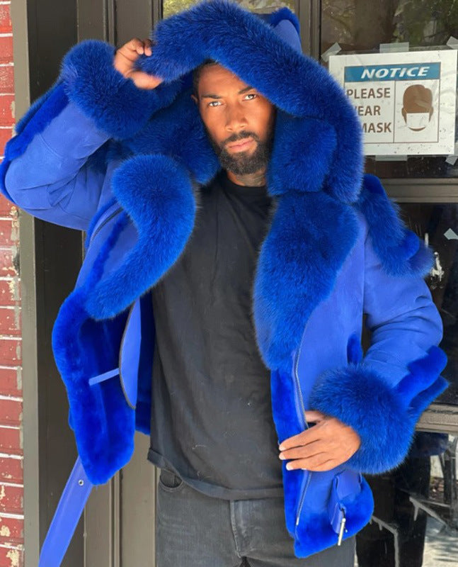 Men's fashionable and warm real fur jacket with generous collar and double button placket Lisslune