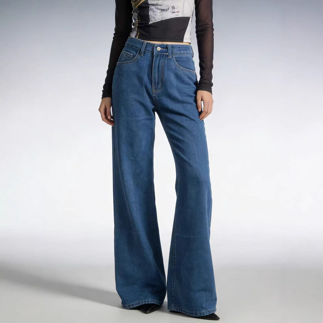 Damen weite Denim-Hose mit Vintage-Waschung und hoch geschnittenem Bund Lisslune