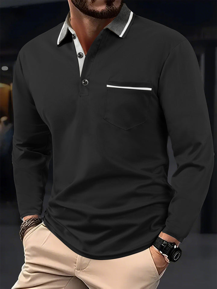 Men's Long Sleeve Polo Shirt with Textured Collar and Chest Pocket Lisslune
