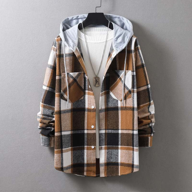 Men's casual check jacket with hood and functional pockets Lisslune