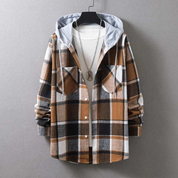 Men's casual check jacket with hood and functional pockets Lisslune