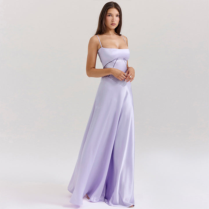 Women's Elegant Maxi Dress with Slim Spaghetti Straps and Flowing Satin Fall Lisslune