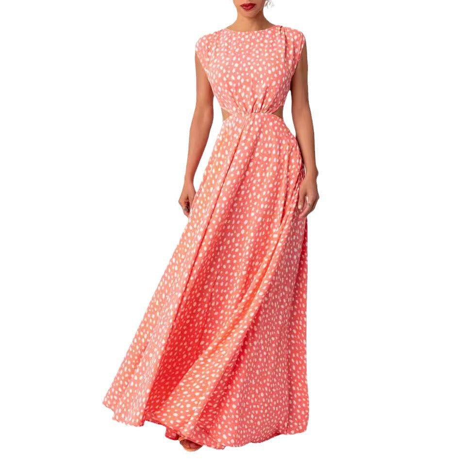 Women's maxi polka dot dress with sophisticated cut and elegant details
