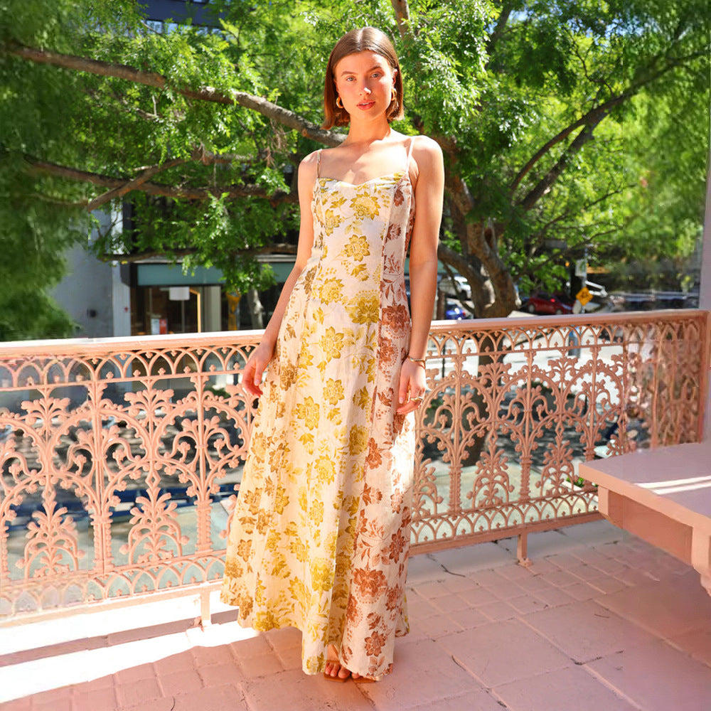 Women's Long Floral Dress with Adjustable Spaghetti Straps and Flowing Cut