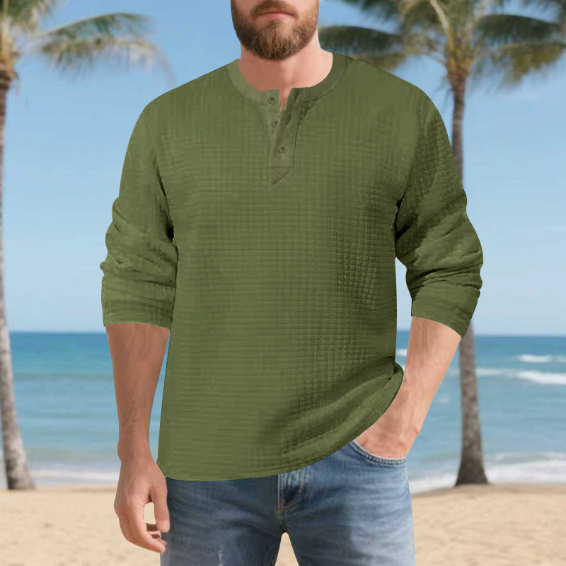 Men's Long Sleeve Henley Shirt made of comfortable waffle material with button placket Lisslune