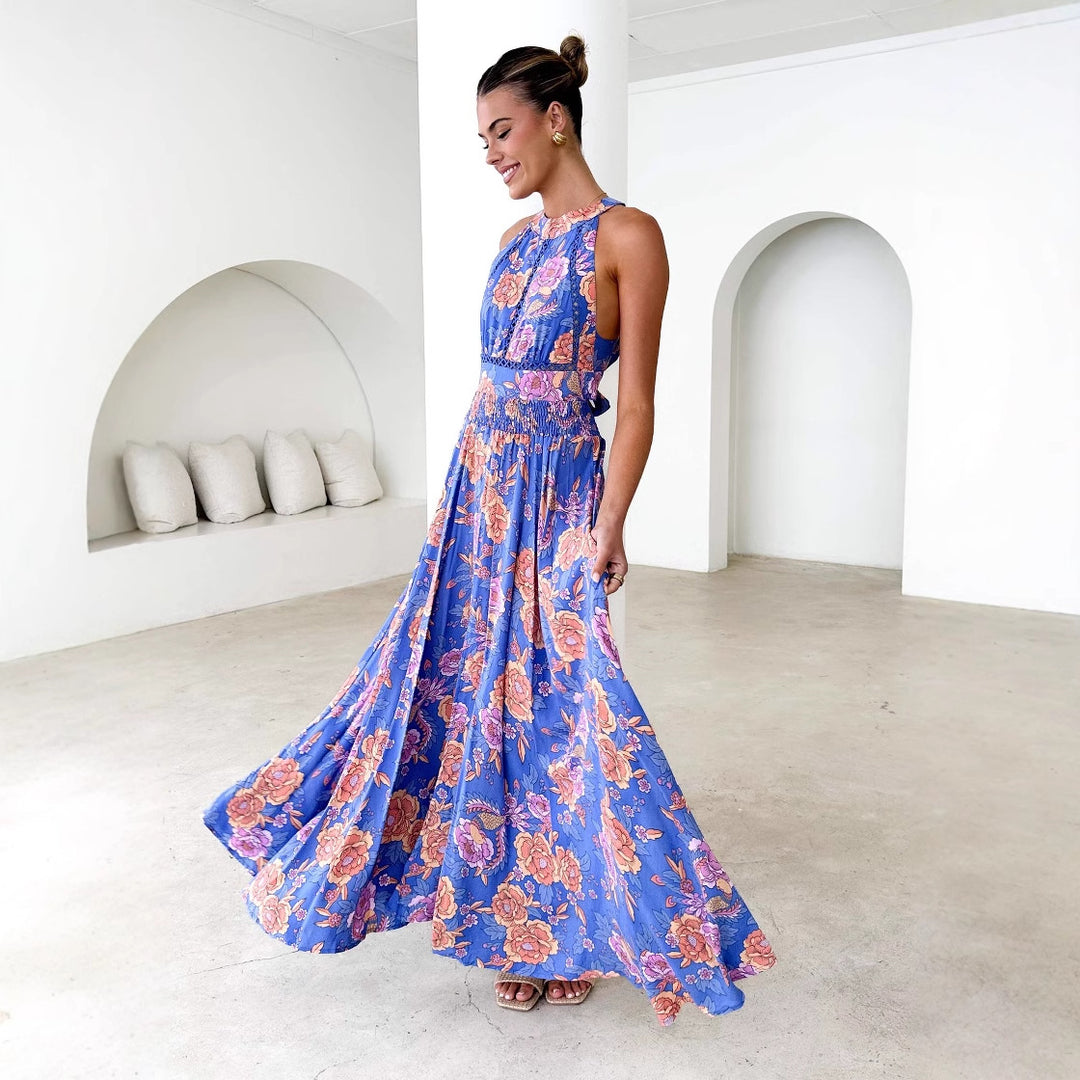 Women’s maxi dress with elegant floral design and flowing skirt