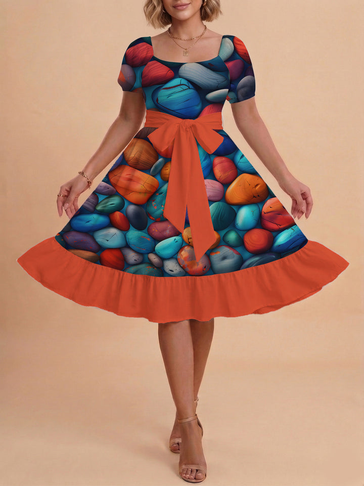 Women's Midi Dress with Elegant Floral Print and Fitted Belt Lisslune