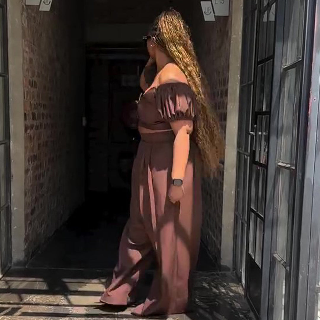 Women's Crop Top and Palazzo Pants Set with Voluminous Sleeves and Elegant Pleats Lisslune
