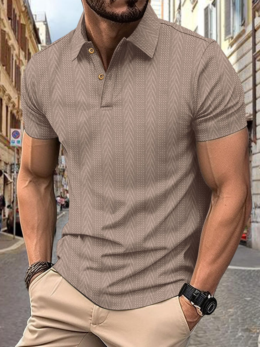 Men's Short Sleeve Polo Shirt with Textured Design and Elegant Button Placket Lisslune
