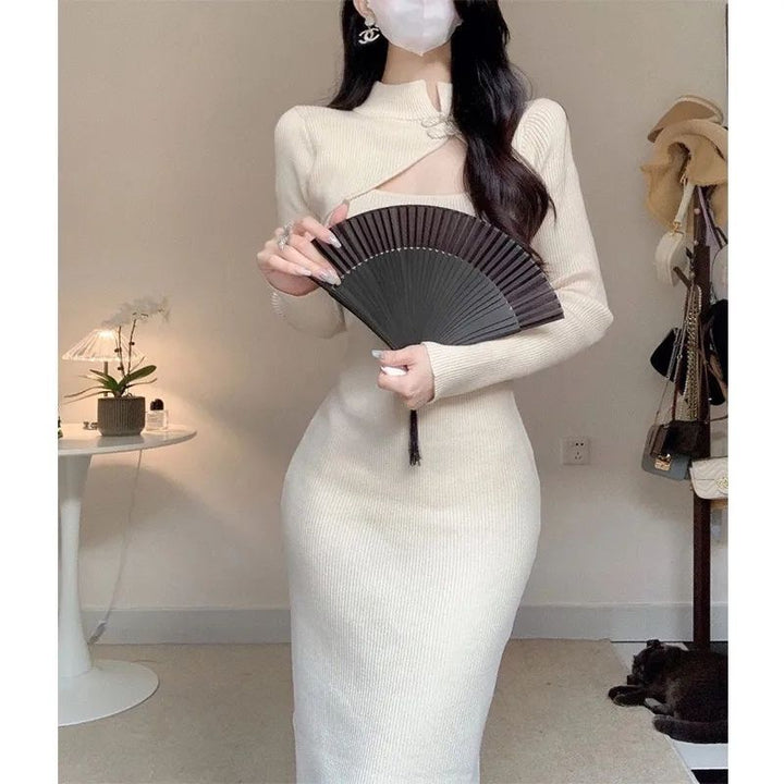 Women's elegant midi dress with asymmetrical cut-out design and textured knit