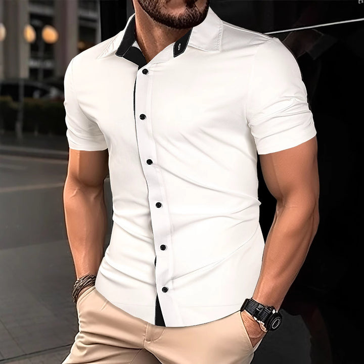 Men's short-sleeve shirt with modern contrast collar and stylish button design Lisslune