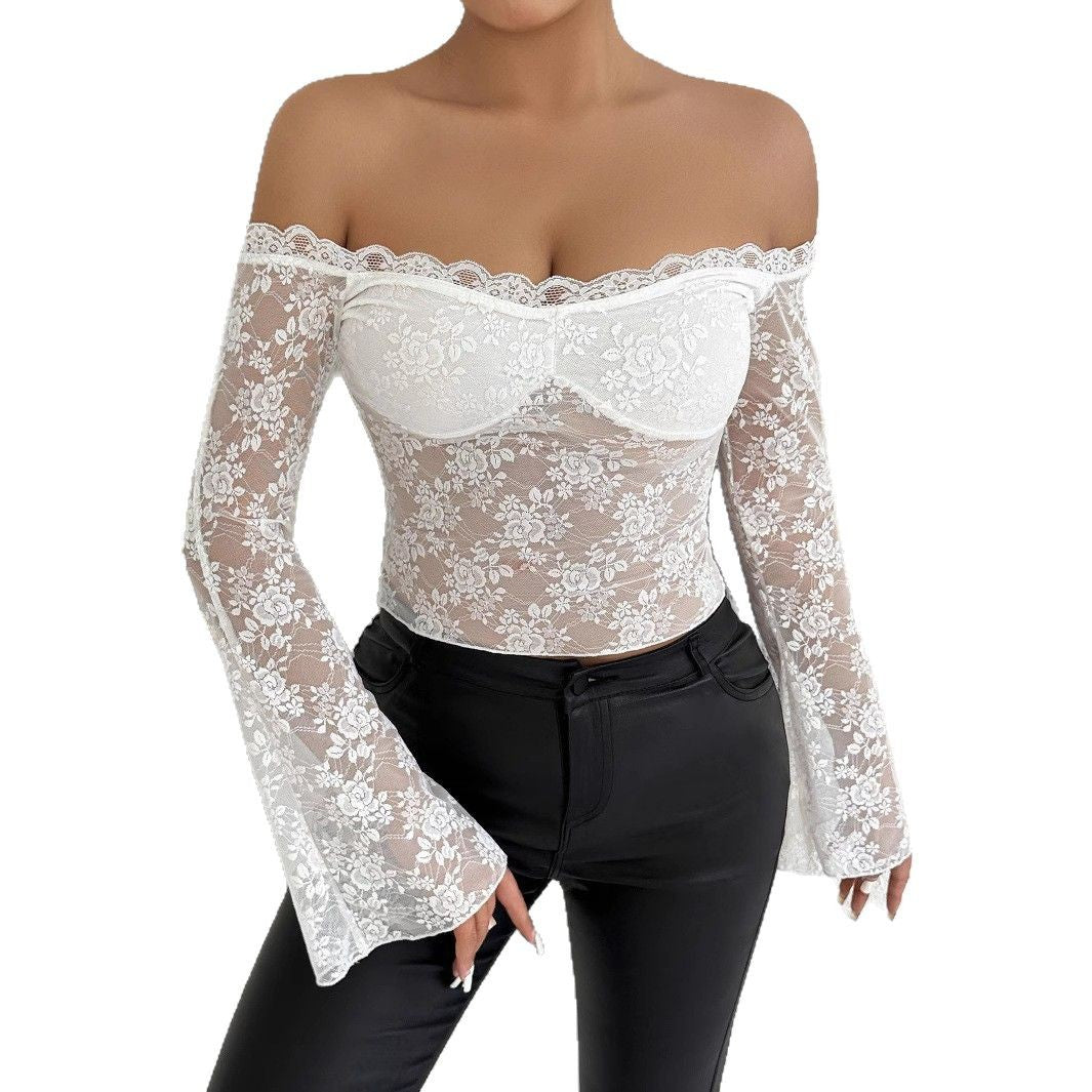 Damen Spitzenoberteil mit schulterfreiem Design und eleganten Trompetenärmeln Lisslune